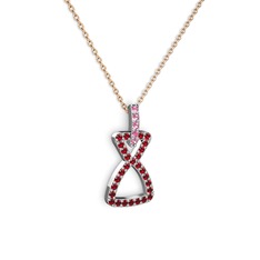 Pembe kuvars ve garnet 14 ayar beyaz altın kolye (40 cm rose altın rolo zincir)