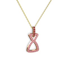 Kök yakut ve pembe kuvars 8 ayar rose altın kolye (40 cm gümüş rolo zincir)