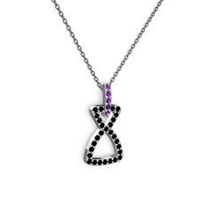 Ametist ve siyah zirkon 18 ayar beyaz altın kolye (40 cm gümüş rolo zincir)