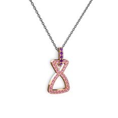 Ametist ve pembe kuvars 18 ayar rose altın kolye (40 cm gümüş rolo zincir)