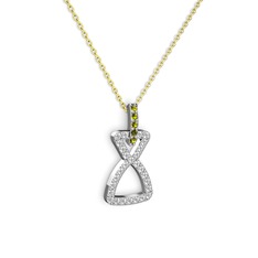 Peridot ve beyaz zirkon 14 ayar beyaz altın kolye (40 cm altın rolo zincir)