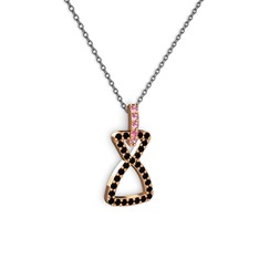 Pembe kuvars ve siyah zirkon 14 ayar rose altın kolye (40 cm gümüş rolo zincir)