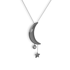 Ay Yıldız Taşlı Kolye - Elmas 925 ayar siyah rodyum kaplama gümüş kolye (0.036 karat, 40 cm gümüş rolo zincir) #11nz2tz