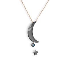 Ay Yıldız Taşlı Kolye - Akuamarin 925 ayar siyah rodyum kaplama gümüş kolye (40 cm rose altın rolo zincir) #12jjjiu