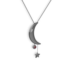 Ay Yıldız Taşlı Kolye - Kök yakut 925 ayar siyah rodyum kaplama gümüş kolye (40 cm gümüş rolo zincir) #14aheek