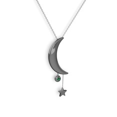 Ay Yıldız Taşlı Kolye - Yeşil kuvars 925 ayar siyah rodyum kaplama gümüş kolye (40 cm gümüş rolo zincir) #14zpfsg