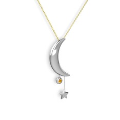 Ay Yıldız Taşlı Kolye - Sitrin 14 ayar beyaz altın kolye (40 cm gümüş rolo zincir) #16kp37k