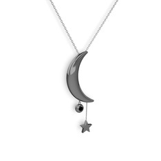 Ay Yıldız Taşlı Kolye - Siyah zirkon 925 ayar siyah rodyum kaplama gümüş kolye (40 cm beyaz altın rolo zincir) #1876und