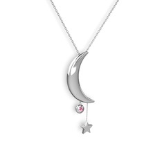 Ay Yıldız Taşlı Kolye - Pembe kuvars 925 ayar gümüş kolye (40 cm beyaz altın rolo zincir) #1az6021