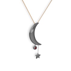 Ay Yıldız Taşlı Kolye - Garnet 925 ayar siyah rodyum kaplama gümüş kolye (40 cm rose altın rolo zincir) #1btvpd4