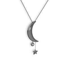 Ay Yıldız Taşlı Kolye - Pırlanta 925 ayar siyah rodyum kaplama gümüş kolye (0.036 karat, 40 cm gümüş rolo zincir) #1dw8kj3