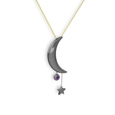 Ay Yıldız Taşlı Kolye - Ametist 925 ayar siyah rodyum kaplama gümüş kolye (40 cm altın rolo zincir) #1m2ktsf