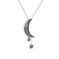 Ay Yıldız Taşlı Kolye - Sitrin 925 ayar siyah rodyum kaplama gümüş kolye (40 cm beyaz altın rolo zincir) #1mh5hc5