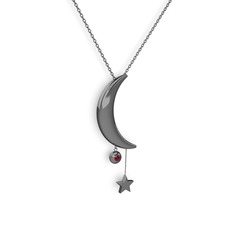 Ay Yıldız Taşlı Kolye - Garnet 925 ayar siyah rodyum kaplama gümüş kolye (40 cm gümüş rolo zincir) #1o11a44