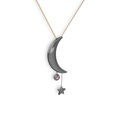 Ay Yıldız Taşlı Kolye - Pembe kuvars 925 ayar siyah rodyum kaplama gümüş kolye (40 cm gümüş rolo zincir) #1ogwhe3