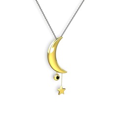 Ay Yıldız Taşlı Kolye - Siyah zirkon 14 ayar altın kolye (40 cm gümüş rolo zincir) #1on5ywd