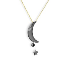 Ay Yıldız Taşlı Kolye - Siyah zirkon 925 ayar siyah rodyum kaplama gümüş kolye (40 cm altın rolo zincir) #1qmp03