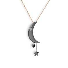 Ay Yıldız Taşlı Kolye - Siyah zirkon 925 ayar siyah rodyum kaplama gümüş kolye (40 cm rose altın rolo zincir) #1sgbjgf