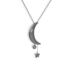 Ay Yıldız Taşlı Kolye - Akuamarin 925 ayar siyah rodyum kaplama gümüş kolye (40 cm gümüş rolo zincir) #1sqaq11