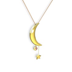 Ay Yıldız Taşlı Kolye - Pembe kuvars 14 ayar altın kolye (40 cm gümüş rolo zincir) #1u4dq7j