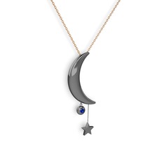 Ay Yıldız Taşlı Kolye - Lab safir 925 ayar siyah rodyum kaplama gümüş kolye (40 cm rose altın rolo zincir) #1ucwz86