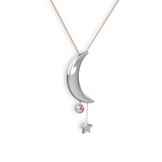 Ay Yıldız Taşlı Kolye - Pembe kuvars 18 ayar beyaz altın kolye (40 cm rose altın rolo zincir) #1w3h3js