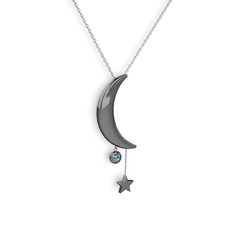 Ay Yıldız Taşlı Kolye - Akuamarin 925 ayar siyah rodyum kaplama gümüş kolye (40 cm gümüş rolo zincir) #1ymj392