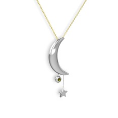 Ay Yıldız Taşlı Kolye - Peridot 14 ayar beyaz altın kolye (40 cm gümüş rolo zincir) #35vge1