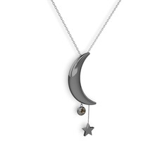 Ay Yıldız Taşlı Kolye - Dumanlı kuvars 925 ayar siyah rodyum kaplama gümüş kolye (40 cm gümüş rolo zincir) #8avrvx