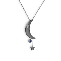 Ay Yıldız Taşlı Kolye - Lab safir 925 ayar siyah rodyum kaplama gümüş kolye (40 cm gümüş rolo zincir) #92tohs