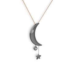 Ay Yıldız Taşlı Kolye - Elmas 925 ayar siyah rodyum kaplama gümüş kolye (0.036 karat, 40 cm rose altın rolo zincir) #etz7iy