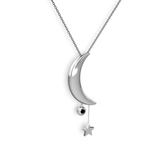 Ay Yıldız Taşlı Kolye - Siyah zirkon 14 ayar beyaz altın kolye (40 cm gümüş rolo zincir) #i3cn0i