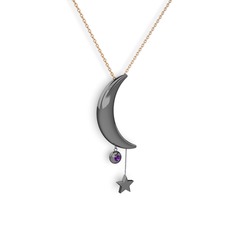 Ay Yıldız Taşlı Kolye - Ametist 925 ayar siyah rodyum kaplama gümüş kolye (40 cm gümüş rolo zincir) #k1s2gl