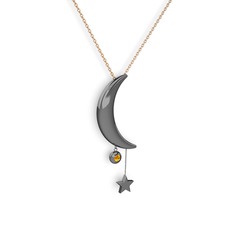 Ay Yıldız Taşlı Kolye - Sitrin 925 ayar siyah rodyum kaplama gümüş kolye (40 cm rose altın rolo zincir) #mzsirb