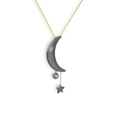 Ay Yıldız Taşlı Kolye - Pırlanta 925 ayar siyah rodyum kaplama gümüş kolye (0.036 karat, 40 cm altın rolo zincir) #ug0x1