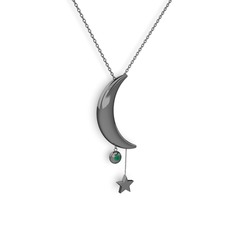 Ay Yıldız Taşlı Kolye - Kök zümrüt 925 ayar siyah rodyum kaplama gümüş kolye (40 cm gümüş rolo zincir) #wsds57