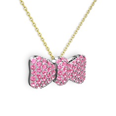 Taşlı Fiyonk Kolye - Pembe kuvars 14 ayar beyaz altın kolye (40 cm altın rolo zincir) #16j4vr