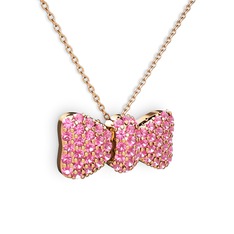 Taşlı Fiyonk Kolye - Pembe kuvars 18 ayar rose altın kolye (40 cm rose altın rolo zincir) #1cy0ydl