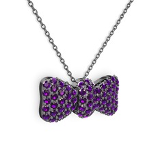 Taşlı Fiyonk Kolye - Ametist 925 ayar siyah rodyum kaplama gümüş kolye (40 cm gümüş rolo zincir) #1df5fsa