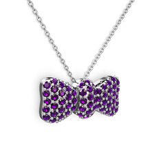 Taşlı Fiyonk Kolye - Ametist 14 ayar beyaz altın kolye (40 cm beyaz altın rolo zincir) #1dv5p2l