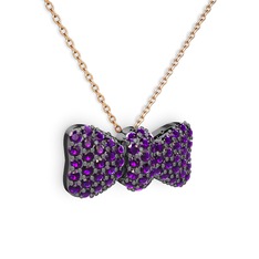 Taşlı Fiyonk Kolye - Ametist 925 ayar siyah rodyum kaplama gümüş kolye (40 cm rose altın rolo zincir) #1ecch83