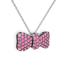 Taşlı Fiyonk Kolye - Pembe kuvars 925 ayar siyah rodyum kaplama gümüş kolye (40 cm beyaz altın rolo zincir) #1r5abk1