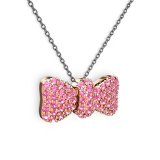 Taşlı Fiyonk Kolye - Pembe kuvars 8 ayar rose altın kolye (40 cm gümüş rolo zincir) #1sm2mc