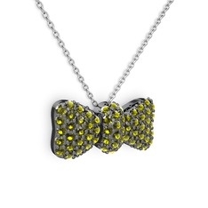 Taşlı Fiyonk Kolye - Peridot 925 ayar siyah rodyum kaplama gümüş kolye (40 cm beyaz altın rolo zincir) #1szdosa