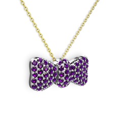 Taşlı Fiyonk Kolye - Ametist 14 ayar beyaz altın kolye (40 cm altın rolo zincir) #6z7wyb