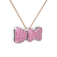 Taşlı Fiyonk Kolye - Pembe kuvars 8 ayar beyaz altın kolye (40 cm rose altın rolo zincir) #qdb47r