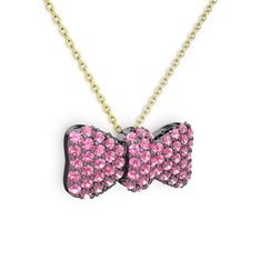 Taşlı Fiyonk Kolye - Pembe kuvars 925 ayar siyah rodyum kaplama gümüş kolye (40 cm altın rolo zincir) #w9gnex