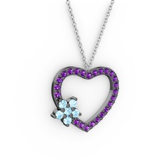 Maita Kalp Kolye - Akuamarin ve ametist 925 ayar siyah rodyum kaplama gümüş kolye (40 cm beyaz altın rolo zincir) #10u3tki