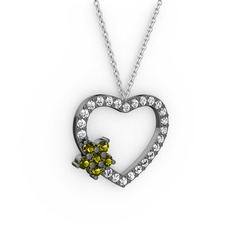 Maita Kalp Kolye - Peridot ve pırlanta 925 ayar siyah rodyum kaplama gümüş kolye (0.36 karat, 40 cm beyaz altın rolo zincir) #10zvszx