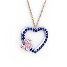 Maita Kalp Kolye - Pembe kuvars ve lab safir 18 ayar beyaz altın kolye (40 cm gümüş rolo zincir) #117iy30